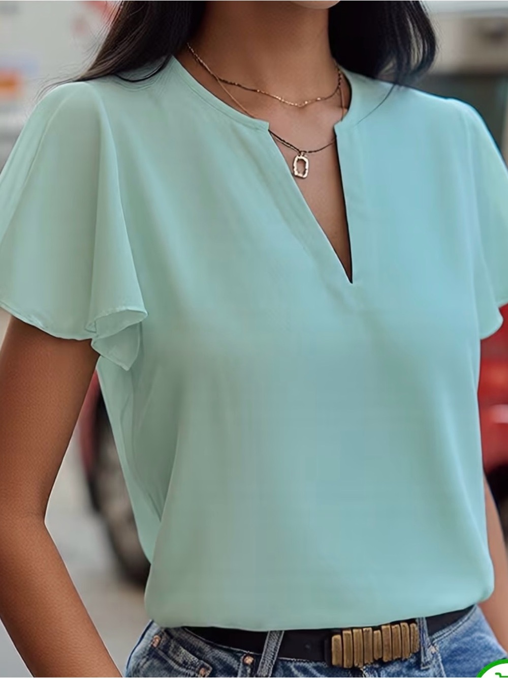 Light Mint Flutter Sleeve V-Neck Top